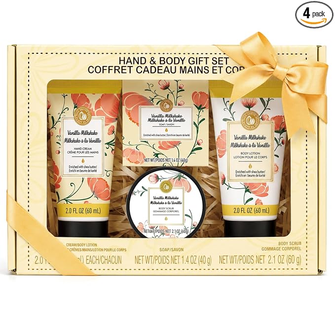BODY & EARTH # LOVE Hand Cream Gifts Set for Women, 4PCS Vanilla Spa Gifts with Hand Cream, Body Lotion, Body Scrub, Soap, Bath and Body Gift Sets for Women Birthday Gift for Her