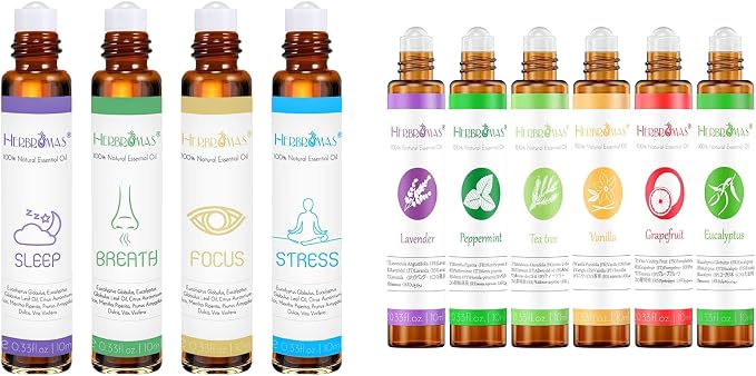 Aromatherapy Oils Roller Set, Natural Pre-diluted Essential Oils Roll On with Glass Rollerball, Relaxation Gift for Women & Men, Christmas Gift