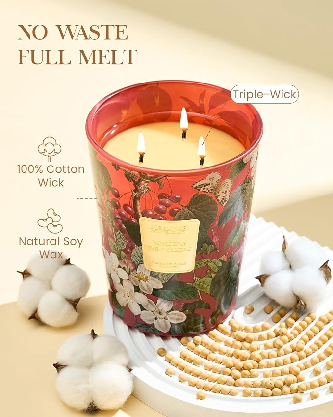 M&SENSE Wild Cherry Soy Large Candles, 3-Wick 35oz 150H Slow Burning, Aromatherapy Candle for Home Fragrance Romantic Gifts for Women