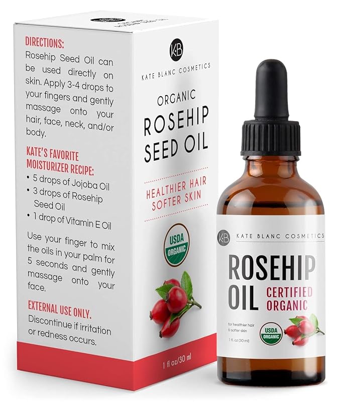 Kate Blanc Cosmetics Rosehip Seed Oil for Face, 100% Pure Organic | Cold Pressed Unrefined Rose Hip Facial Oil for Skin, Hair & Gua Sha Massage (1oz)