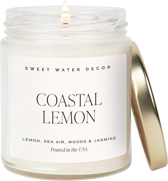 Sweet Water Decor Coastal Lemon Scented Candles - Soy Candles with Lemon, Sea Salt, & Driftwood for Home Decor - Candle Wax with 40 Hours Burn Time - 9oz Gold Lid Clear Jar Candles for Home Scented