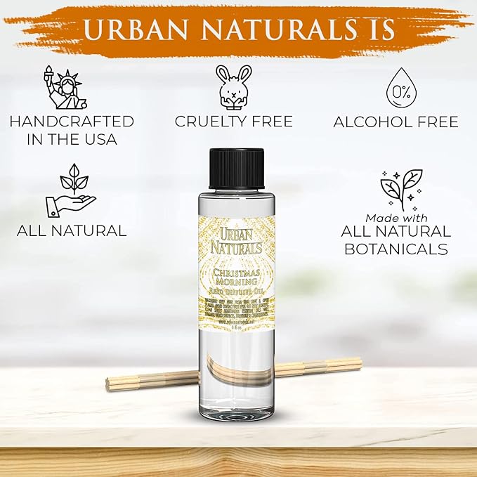 Urban Naturals Reed Diffuser Oil Refill Christmas Morning, Rosemary, Eucalyptus, Balsam Spruce, Orange, Essential Oils, 4 oz + Free Reed Sticks, Made in the USA