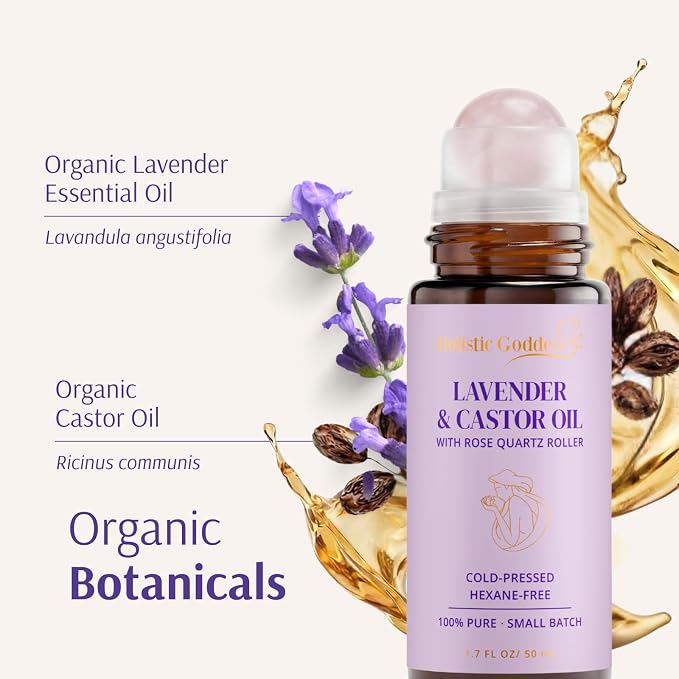 Holistic Goddess Organic Lavender & Castor Oil Roll-On with Rose Quartz Roller – Calming Night Ritual Oil for Stressed Skin & Visible Redness, 1.7 fl oz (50ml)