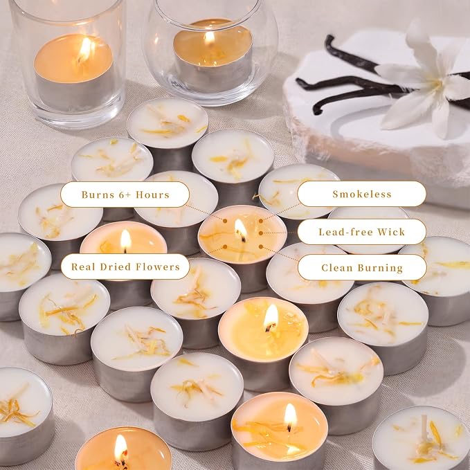 8 Pcs Vanilla Scented Tealight Candles, 6H Long Burning - 100% Palm Wax Based Scented Tea Lights with Dried Flowers, Non-Toxic/Smokeless Tea Lights Candles Bulk for Spa, Bath, Wedding