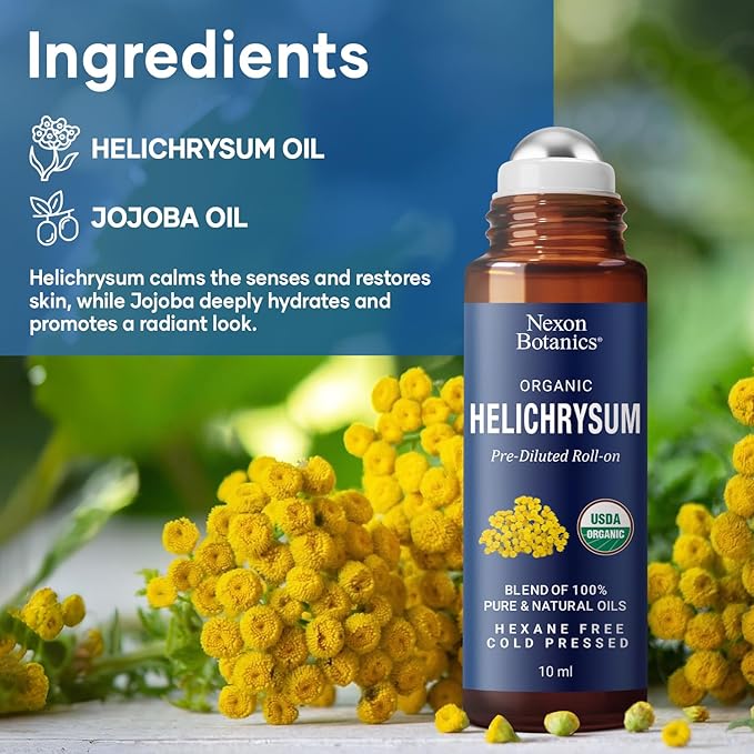 Organic Helichrysum Essential Oil Roll On 10 ml – Natural Aromatherapy Blend for Skin Care, Relaxation, Calm Mind, Stress Relief & Daily Wellness – Nexon Botanics
