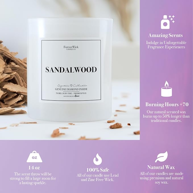 Foreverwick Sandalwood Candle | Anniversary Day Candle Present Ideas | Aromatherapy Candle for Bath, Destress & Clearance | Strong Scented Candles for Decor | 14 oz & 70 Hours Burning Time