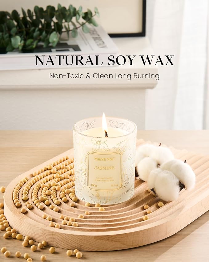 M&SENSE Jasmine Soy Candle, 8.1oz 42H Non-Toxic Long Burning, Fresh White Floral, Summer Night Aromatherapy Gift for Women