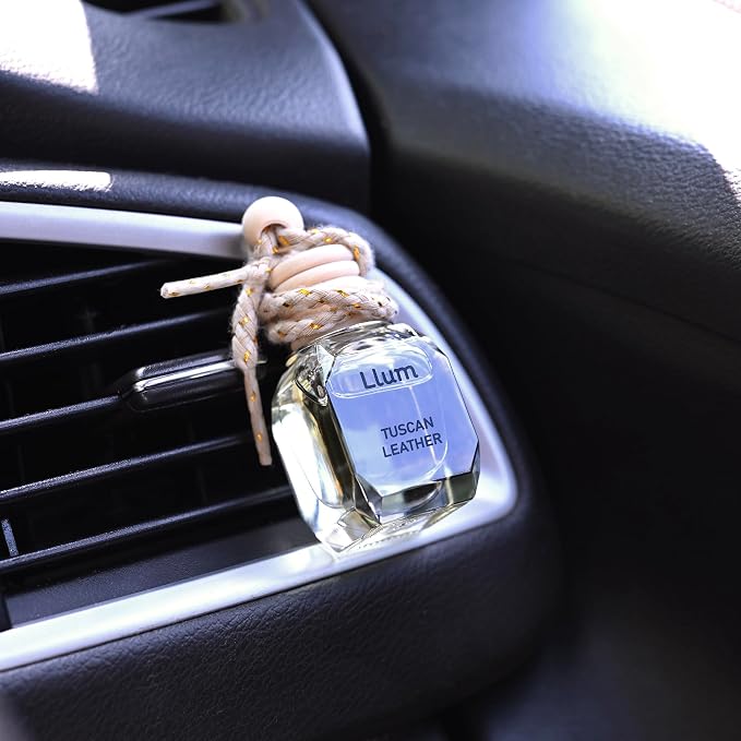 Llum Tuscan Leather Hanging Car Air Freshener – Luxury Automotive Perfume Diffuser 10ml (0.34 fl oz), Long-Lasting Fragrance, Alcohol-Free Non-Toxic Scent, Glass Bottle With Wood Cap & AC Vent Clip