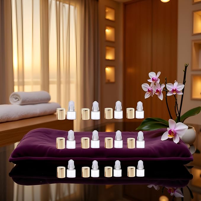 12 Pcs Gold 1ml Mini Glass Roll on Bottles Roller Refillable Essential Oil Aromatherapy Sample Vials Roller Bottles Container