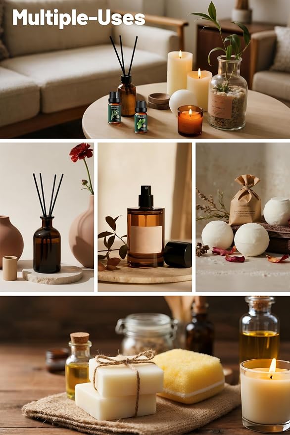Essential Oils Set 6x10ml, Pure Eucalyptus Peppermint Tea Tree Rosemary Thyme Vetiver – Aromatherapy for Diffuser, Skin, Hair, Candle & Soap Making, Natural Air Purifier & Outdoor Protective Barrier