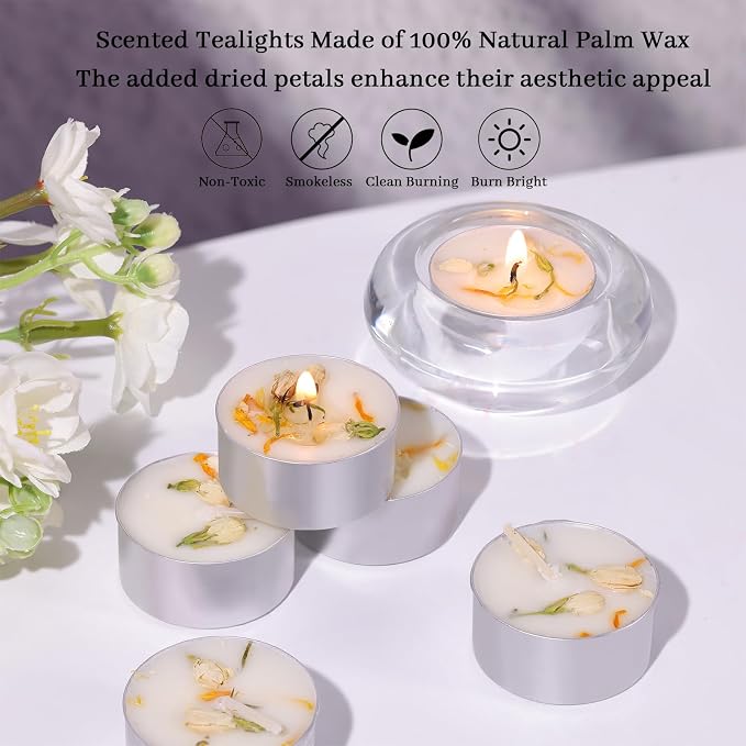 48 Count Jasmine Scented Tealight Candles, 6H Long Burning with Dried Flowers, Non-Toxic/Smokeless, Palm Wax Based, Perfect for Spa, Bath, Wedding