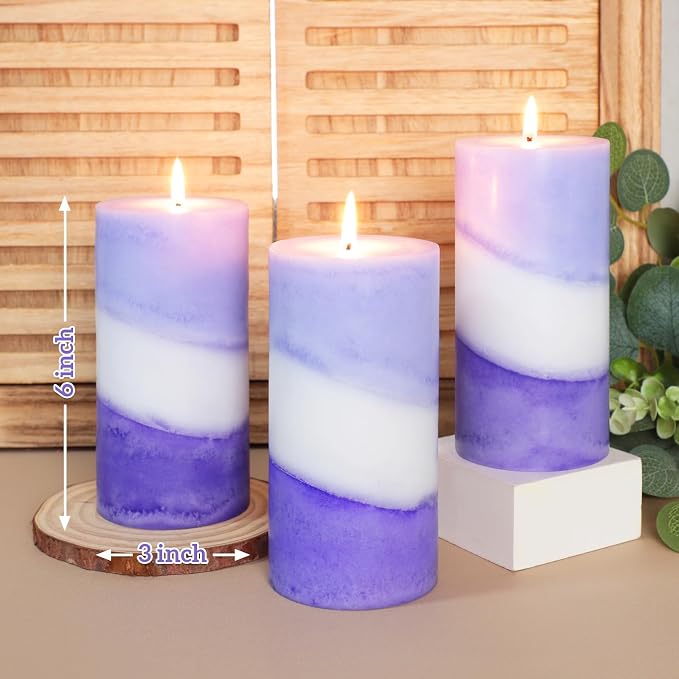 Crystal Club Lavender Scented Pillar Candles, Set of 3 3x6 Inch Purple Pillar Candles, 70+ Hours Long Burning Time, 100% Cotton Wick, Smokeless & Dripless for Home Decor, Relaxation, and Aromatherapy