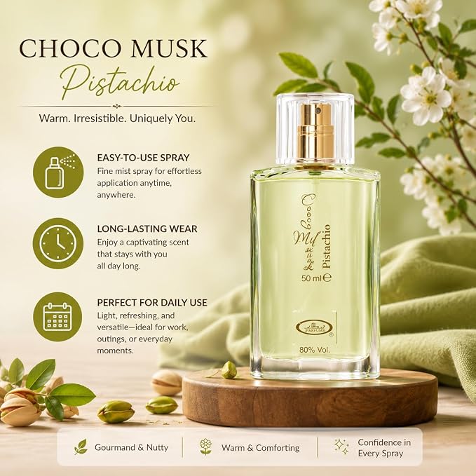 Al Rehab Choco Musk Pistachio Eau de Parfum Spray for Unisex, 1.65 Ounce / 50 ml