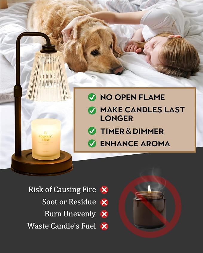 Candle Warmer Lamp with Timer Dimmable Crystal Vertical Stripe,Mothers Day Birthday Gifts for Women Mom, Adjustable Candle Warmer with 2 Bulbs, Black Candle Lamp for Jar Scented Candles, Home Decor
