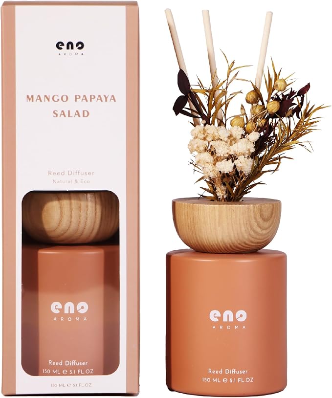Reed Diffuser Set with Dried Flowers, 5.1 fl oz / 150ml, Mango Papaya Salad - Home Fragrance Diffuser with Sticks for Bathroom Shelf Decor, Bedroom, Office & Gift