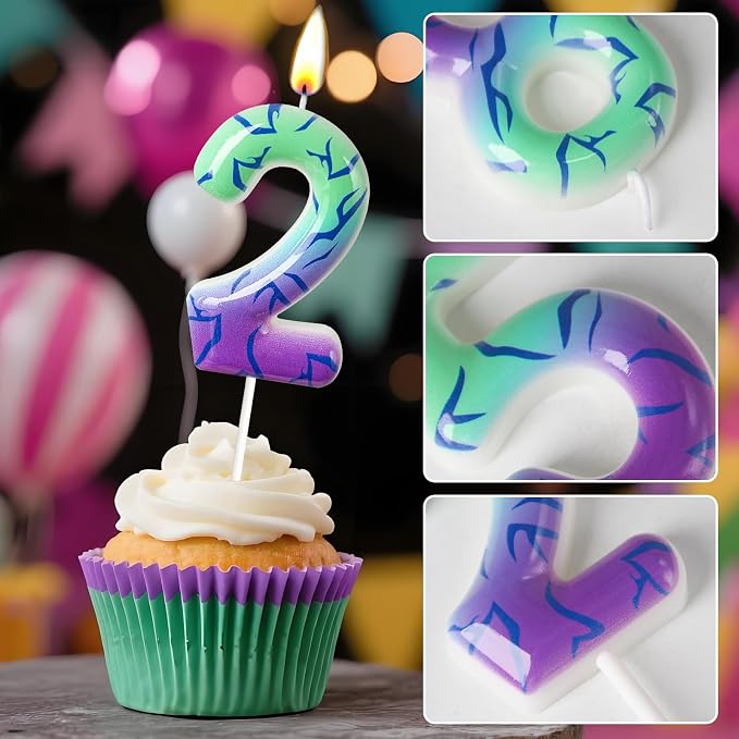 Number 2 Birthday Candle for Cake – Purple Green Gradient Number Candle with Mystic Rune Pattern, Decorative Cake Topper for Anniversary & Celebration
