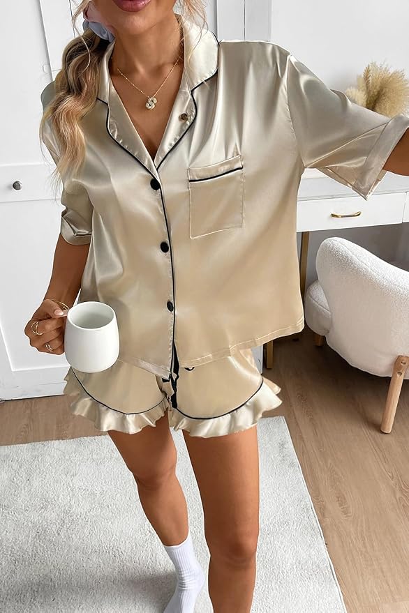 CHYRII Women's Silk Satin Pajamas Two Piece Pj Sets Short Sleeve Tops Ruffled Shorts Sleepwear with Magnetic Diffuser