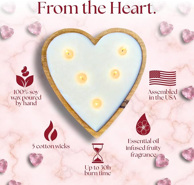 Dough Bowl Candle Co. Strawberry Candle - Large Strawberry Vanilla 10x10x2 Valentine Candles for Home Scented, 5 Wick Heart Shaped Strong Scented Long Lasting Aromatherapy for Women, Candles Gift