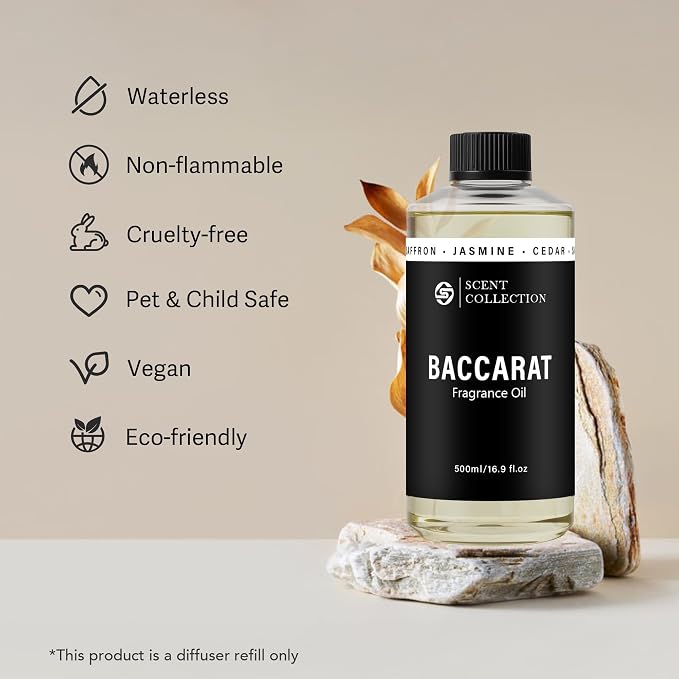 Luxury Hotel Scent Baccarat 500ml/16.9Fl oz Waterless Essential Oil NYC Hotel Scent Experience – Long Lasting Refill for Large Room & Home - Signature Saffron Cedar