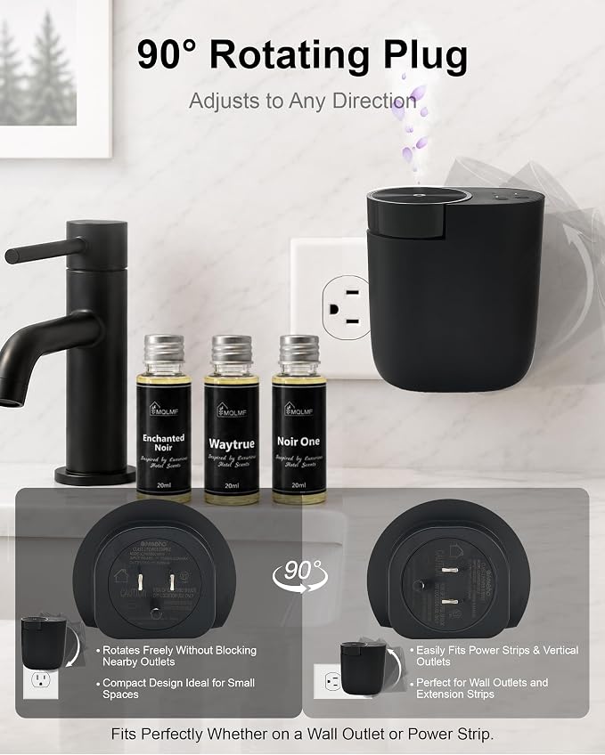 Waterless Plug in Diffuser, 800 Sq Ft, No Wobble Secure Wall Fit, Adjustable Timer & Scent Intensity,App Control,Essential Oil Plug in Wall Diffuser, Includes 3 x 20ml Fragrance Oils, Black