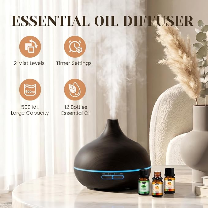 Hanolly Essential Oil Diffuser for Home, 500ML Aromatherapy Diffuser Humidifier with 12 Essential Oils, 7 Color LED Lights, Quiet Cool Mist Diffuser for Bedroom, Office