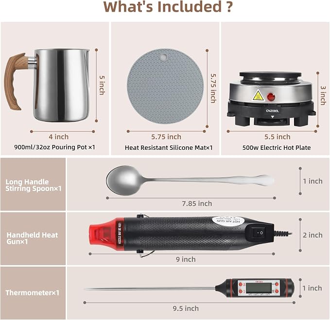 Candle Making Kit with Hot Plate for Adults, Soy Candle Make Set with Wax Melter for Beginners, Imitation wood grain Pouring Pot Pitcher, Heat Gun, Thermometer, Candle Making Supplies Accessories
