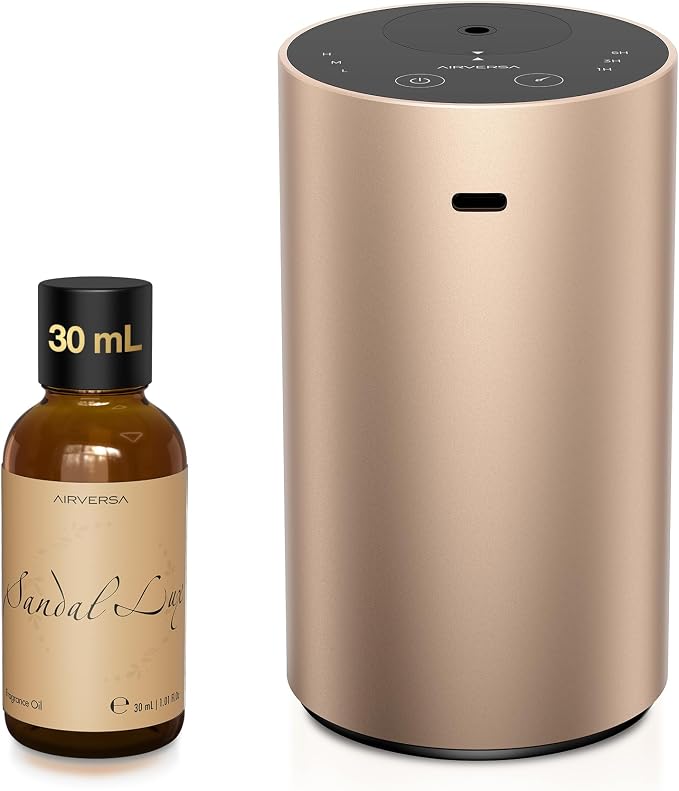 Waterless Essential Oil Diffuser Starter Kit with 30mL Santal Lux Fragrance Oil Inspired by Luxury Hotel Scent for Home Car Office, Aroma Air Diffuser, Baterry Operated, ADX-Kit Metal Desert Titanium