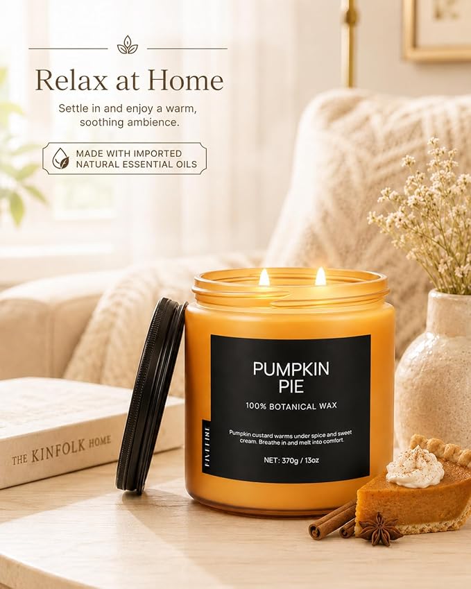 Pumpkin Pie Home Scented Candles, 13oz Organic Soy Wax, 76-Hour Clean Burning, Natural Candles Non Toxic, Warm & Spicy Fall Harvest Scent for Relaxation, Aromatherapy Housewarming Candle for Men Women