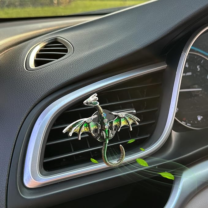 ORIESSE Dargon Air Vent Clips Car Air Freshener 2pcs Bling Green Dragon Car Accessories Enamel Fire Dragon Wyvern Vent Clips Refillable Essential Oil Outlet Diffuser Gothic Decor