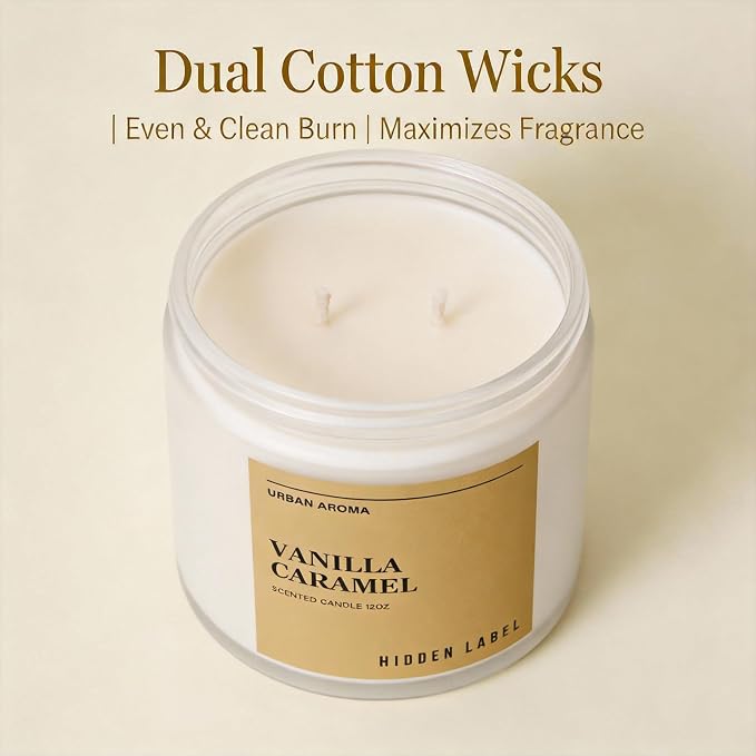 Hidden Label Vanilla Caramel Soy Candle, 12oz 2-Wick, 70H Gourmand Sweet | Non-Toxic Vegan Soy Wax | Vanilla Caramel Bakery Gourmand | Even Melt No Tunneling | Kitchen Living Room Cozy Gift