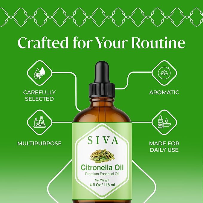 Siva Citronella Essential Oil 4 Fl Oz – for Diffuser, Skin & Hair Care – Ideal for Aromatherapy, Massage & DIY Blends- with Dropper