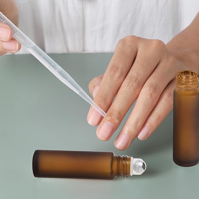 SESENSE Essential Oil Roller Bottles, 10ml Thick Glass Perfume Roller Bottles with Funnel Opener and Dropper Amber Glass Empty Bottles with Stainless Steel Roller Balls (Amber, 4 Pack)