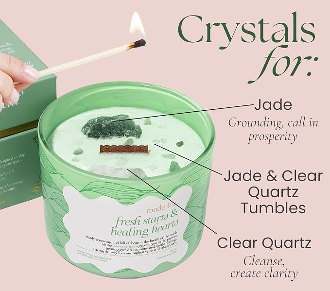 Green Crystal Candle for Women – Spring Season Home Decor, 12oz Large Luxury Crackling Wood Wick with Soy Wax, Slow Burn Meditation with Real Crystals and Healing Stones