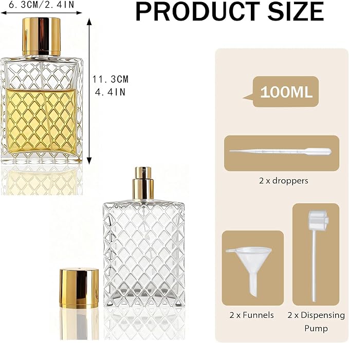 YU FENG 2 Pack Refillable Glass Spray Perfume Bottles Cosmetic Fine Mist Atomizer Bottle Empty Portable Clear Glass Essential Oil Container for Travel & Home, 100ML, 2 Pack