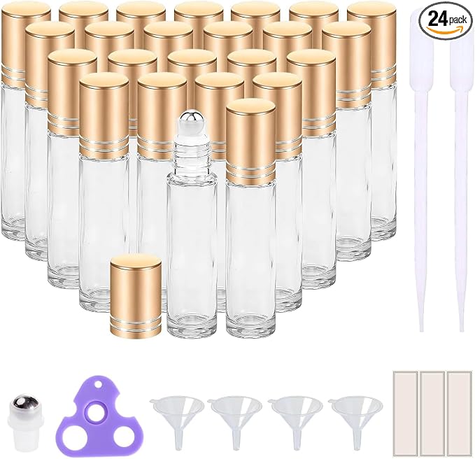 PrettyCare 24 Pack, 10 ml Essential Oil Roller Bottles with Stainless Steel Roller Ball - Refillable Leak-proof Empty Thick Clear Glass Roll on Bottles with Metal Caps for Travel, Perfume
