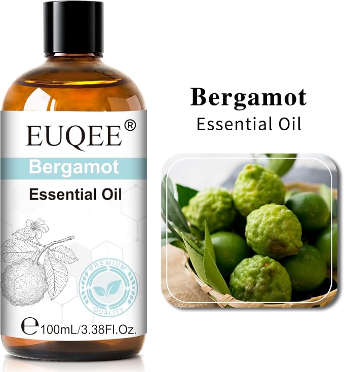 EUQEE 100ml Bergamot Essential Oil, Pure Bergamot Essential Oil for Diffuser, Massage, DIY Soap,Candle Making, Skin & Hair Care - 3.38 Fl Oz