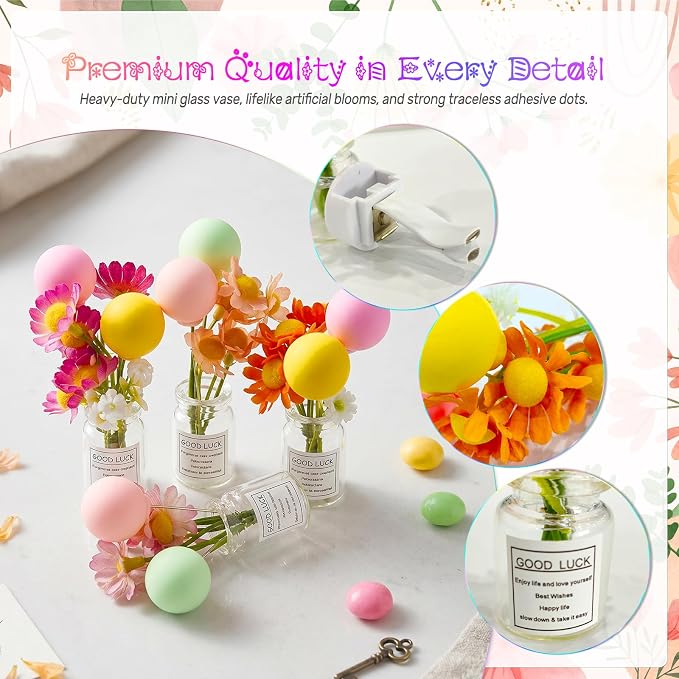 CusDusk 4 Pcs Flowers with Ballons Car Vent Clips, Cute Daisy Plants Vase Air Conditioning Outlet Clip with Fragrance Pads, Charm Scent Perfume Automotive Interior Decorations for Women