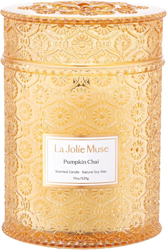 LA JOLIE MUSE Pumpkin Chai Home Scented Candle for Fall | 19 oz Non Toxic Natural Soy | Luxury Large Jar Candle for Home | Decor Gifts for Women & Men | Wood Wick