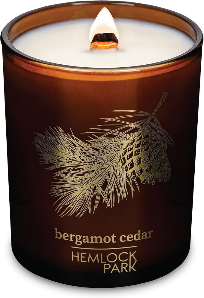 Hemlock Park Bergamot Cedar Amber & Gold Scented Candle | Crackling Wood Wick, Botanical Fragrance & Coconut Apricot Wax | Up to 50 Hour Burn Time | 7.2 oz | Made in USA