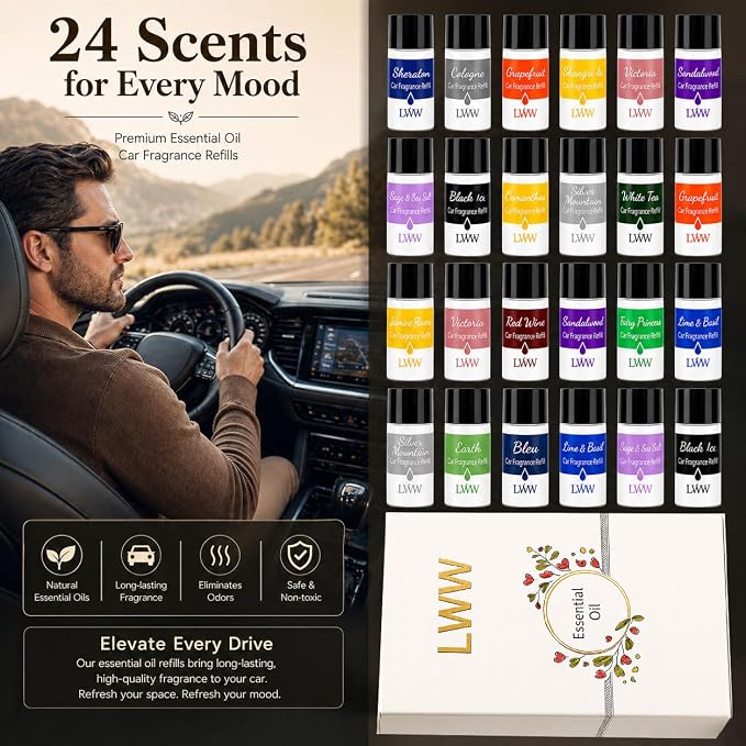 Car Air Freshener Diffuser Refills, 24 PCS 10ml Essential Oils Mixed Fragrance Set, Long Lasting Car Fragrance Oil Replacement for Car Diffusers, No Diffuser Included