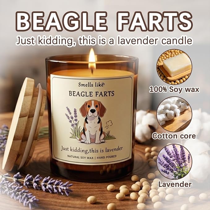 Beagle Gifts for Women - Dog Mom Candle Decor Beagle Farts Candle Themed Gifts for Women for Pet Lovers Crafted by Natural Soy Wax Lavender Scented Candle