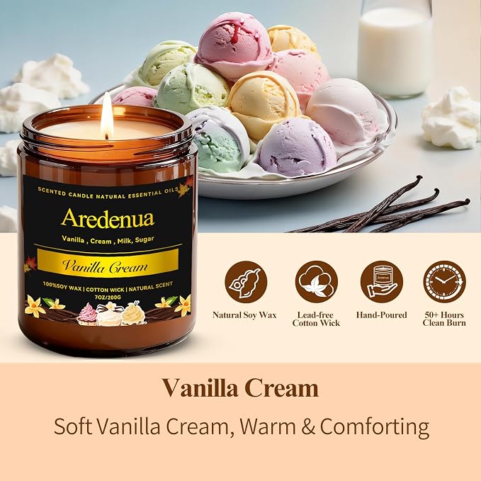 Vanilla Cream Odor Eliminating Candle, 7oz Long Lasting Soy Jar Candle, Natural Clean Burning Calming Aromatherapy Candle, Natural Odor Remover for Pet Smell, Smoke, Food, Bedroom Relaxation Gift
