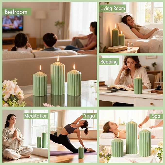 Citronella Candles for Patio, Set of 3 Ribbed Sage Green Pillar Candles for Summer Outdoor,Soy Wax Modern Boho Home Decor Pillars,Aesthetic Candle Gift Set for Garden and Indoor Use