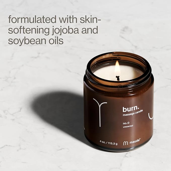 Maude Burn, Fragrance Free (No. 0) - Unscented Hydrating + Skin-Softening Soybean + Jojoba Oil Massage Candle - Fragrance-Free, Soothing Warm Massage Oil Candle - Relaxing Self Care Gifts (4 oz)
