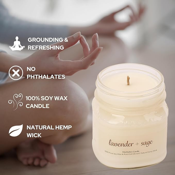 Meditation Soy Wax Candle, Relaxing and Banishing Negative Energy, Non-Toxic Handpoured Glass Jar Candle - Clean Burning, Long Lasting, Candles for Home, Fragrance (Lavender + Sage)
