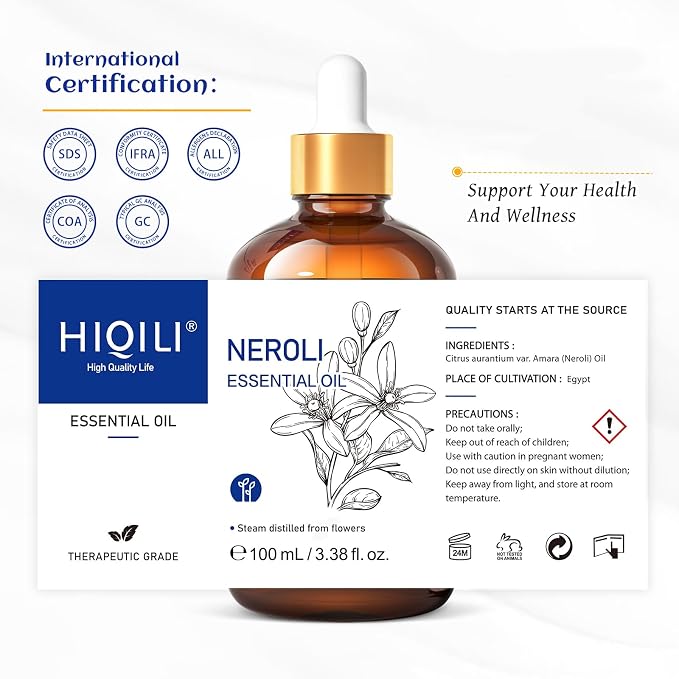 HIQILI Neroli Essential Oil 3.38 Fl Oz, Neroli Oil for Skin, Diffuser, Includes 10ML Travel Bottle - 100ML