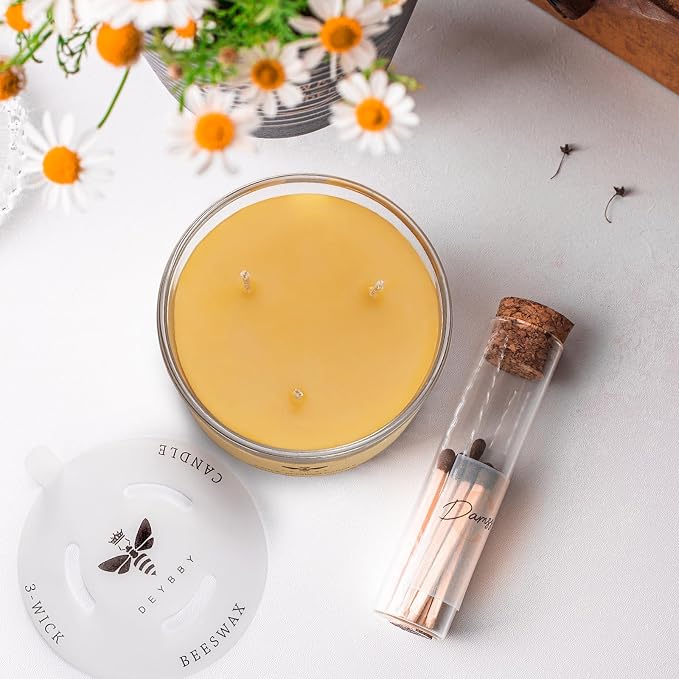 DEYBBY Beeswax Jar Candle - 3 Wick Beeswax Candle Gift - Handpour Candle with Natural Scent for Home Decor Bath Relaxation Houusewarming Gift