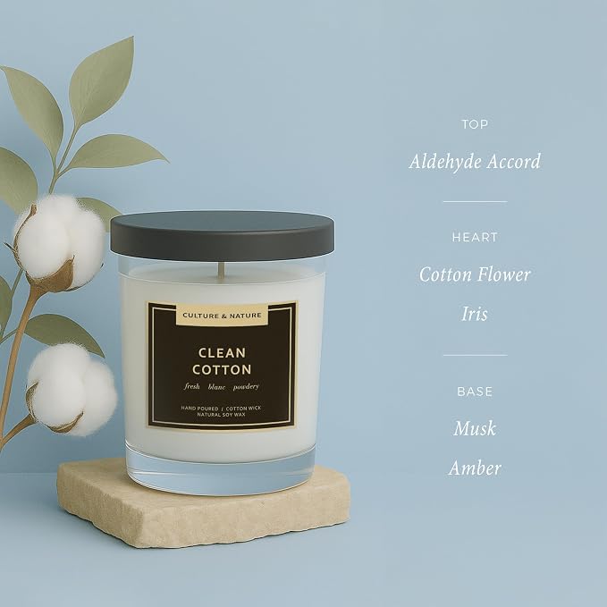 CULTURE & NATURE Natural Soy Wax Candle 7oz Clean Cotton Scented