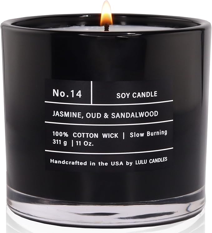 Lulu Candles | Jasmine, Oud & Sandalwood | Luxury Scented Soy Jar Candle | Hand Poured in The USA | Highly Scented & Long Lasting (11 Oz.)