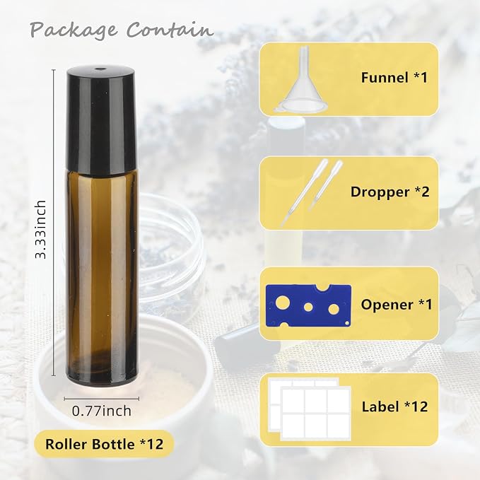 10ML Essential Oil Roller Bottles, 12 Pack Amber Oil Roller Bottles for Essential Oils, Roll on Bottle with Stainless Steel Balls(12 Labels, Opener, Funnel, Dropper Included)
